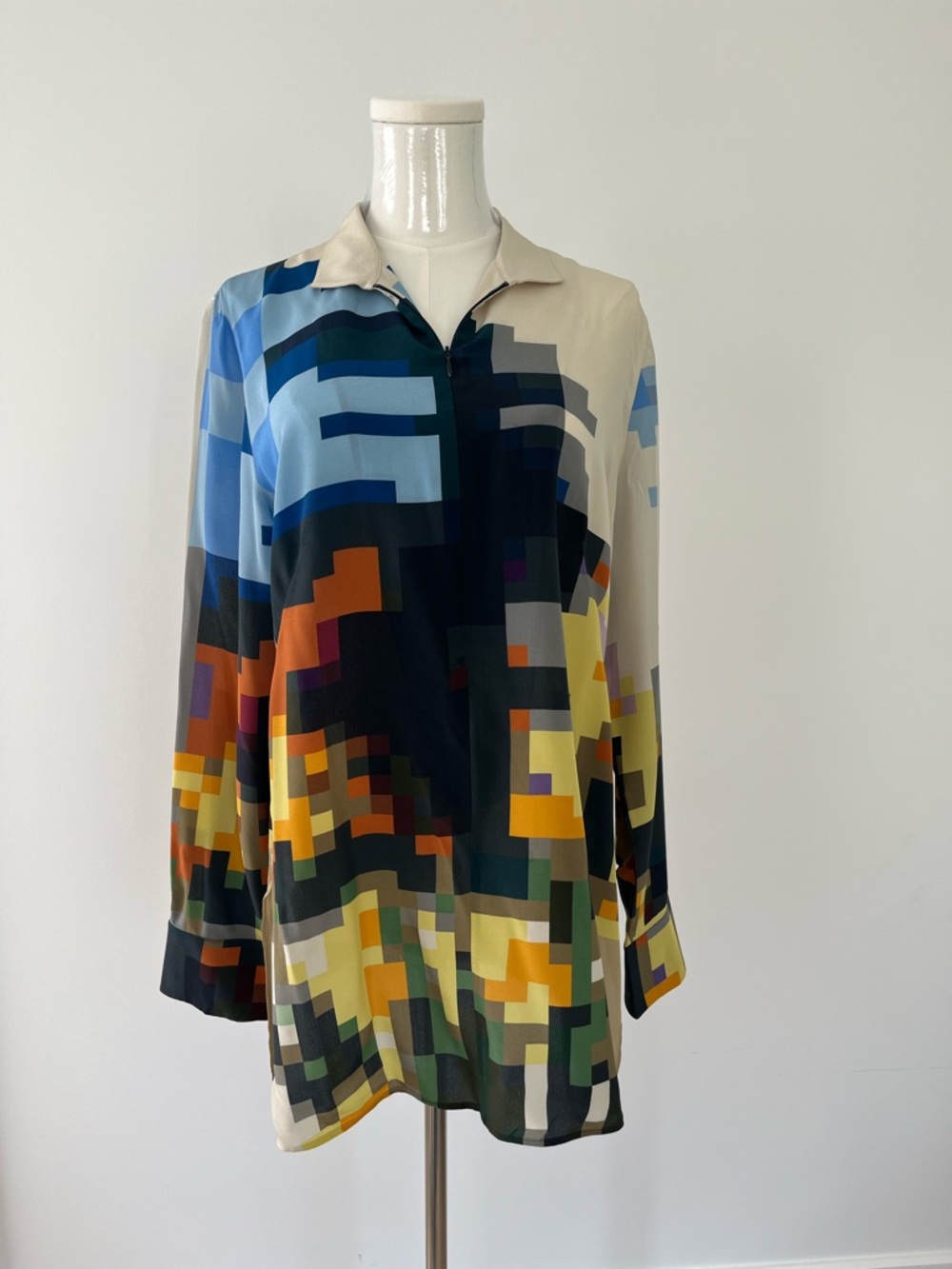 Akris Multi-Color Abstract Pixel-Print Button-Down Blouse